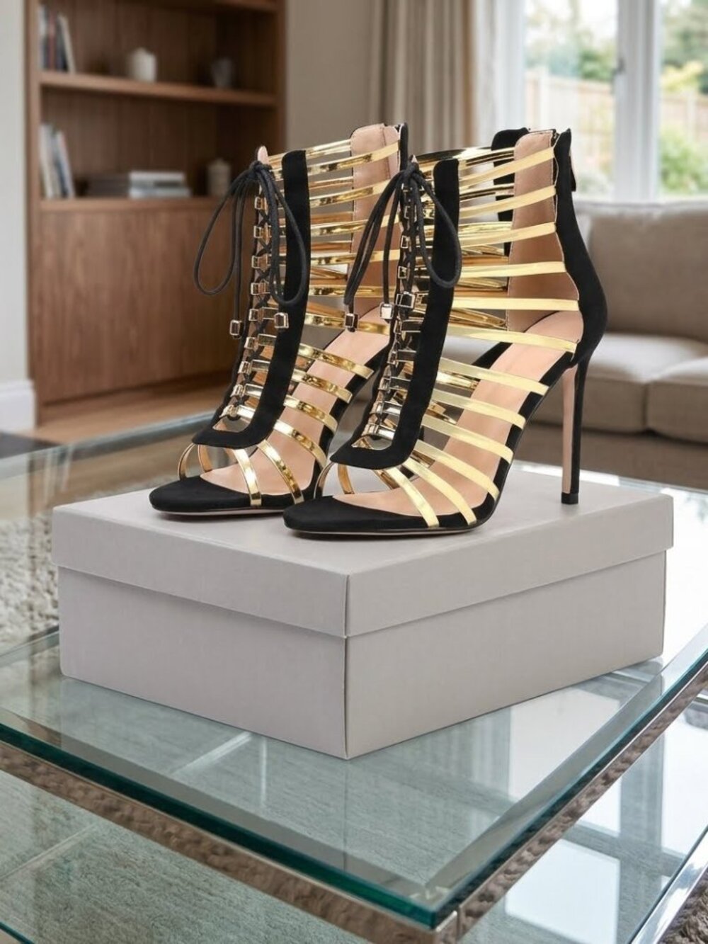 Women's Gold Strappy Gladiator Lace Up Stiletto Heels